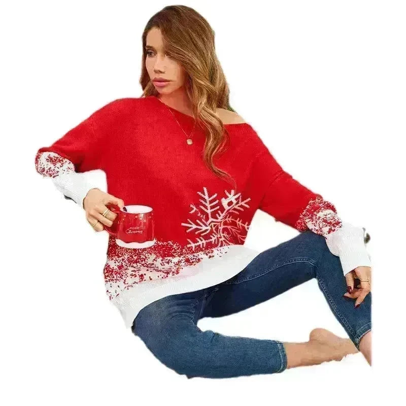 Snowflake Off-the-shoulder Cashmere Christmas Sweater top Women - EX-STOCK CANADA