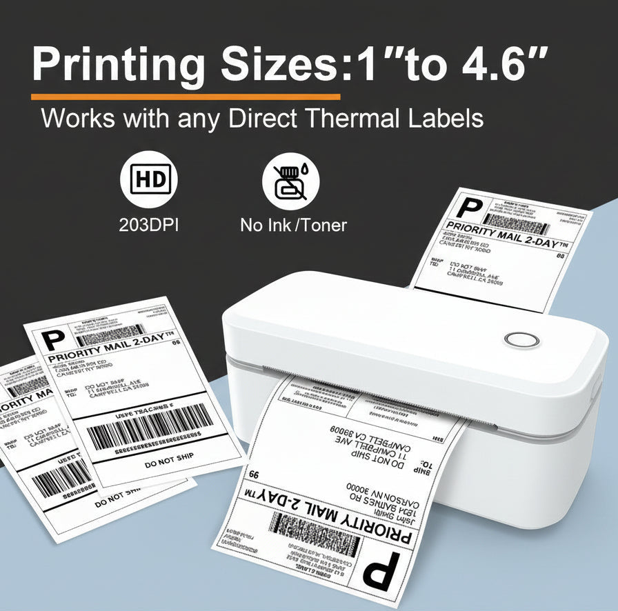 Une imprimante d'étiquettes thermique directe compacte blanche montrée en train d'imprimer et affichant des étiquettes de priorité courrier 2 jours, avec plusieurs échantillons d'étiquettes disposés en éventail autour de celle-ci. Le haut de l'image inclut un texte indiquant « Tailles d'impression : 1" à 4".