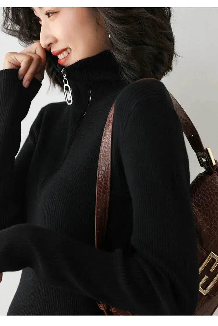 Women Autumn Winter Slim Fit High neck Half zip Knitted sweater Top - EX-STOCK Canada