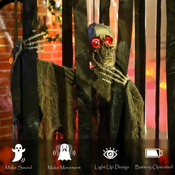 Animatronics Hanging Skeleton Reaper In Cage, Voice-Activated Prop With Flashing Eyes, Easy Setup Indoor EX-STOCK Canada 