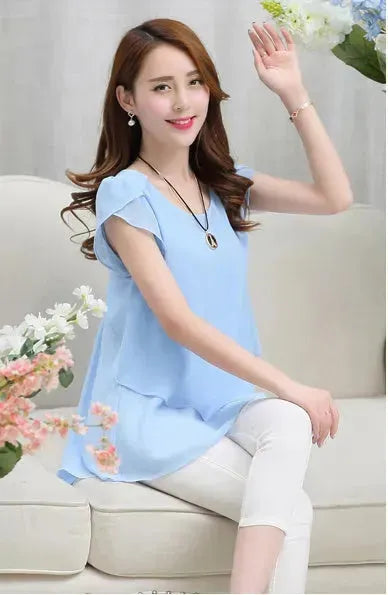 New Spring Summer Women Chiffon Loose Blouse  top O-Neck Short sleeve Plus size - EX-STOCK CANADA