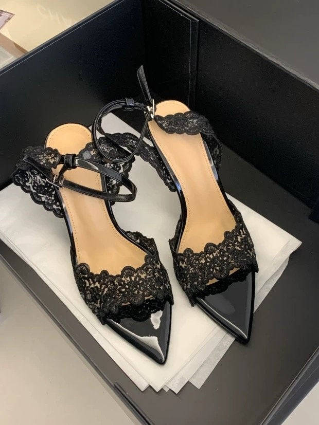 2026 Summer New French Niche Design Women Sandals, Pointed Toe Lace Stiletto High Heel Open Toe Outdoor Shoes 