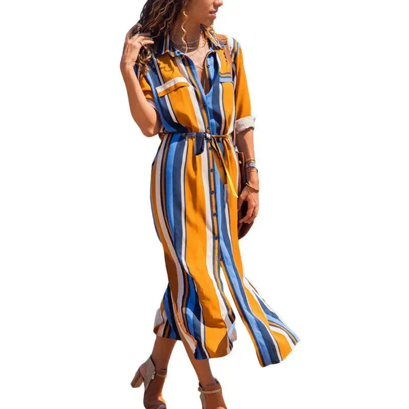 Stripe Shirt Women's Dress Spring Summer Chiffon V-neck Sexy Maxi Dresses Sexy Elegant Casual Girl Lace Women Long Sleeve - EX-STOCK CANADA