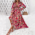 Fashion Florals Print Long Sleeve Dress Casual Holiday Tight-waisted V-neck Dresses Women Clothing - EX-STOCK CANADA