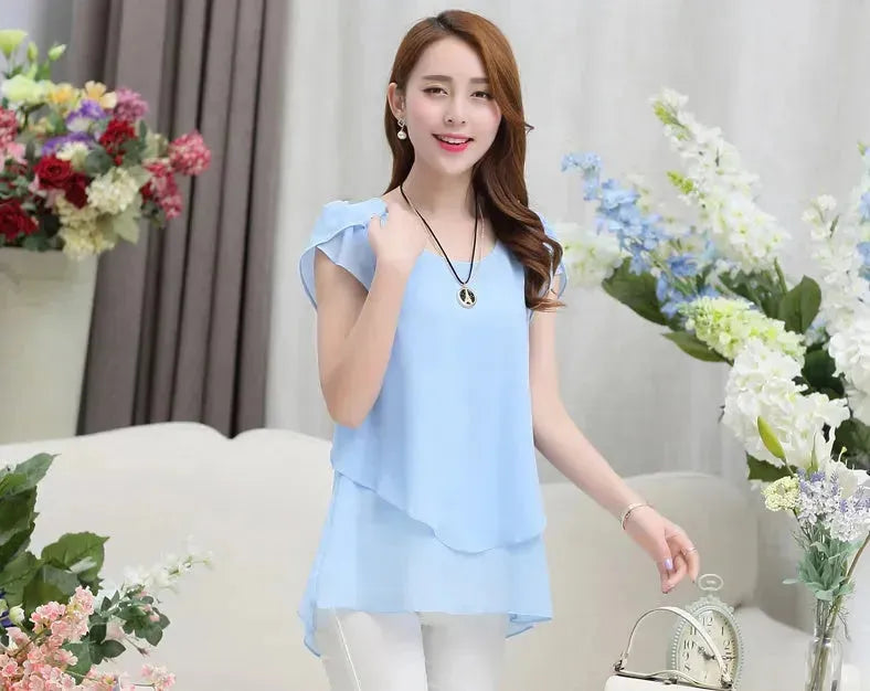 New Spring Summer Women Chiffon Loose Blouse  top O-Neck Short sleeve Plus size - EX-STOCK CANADA