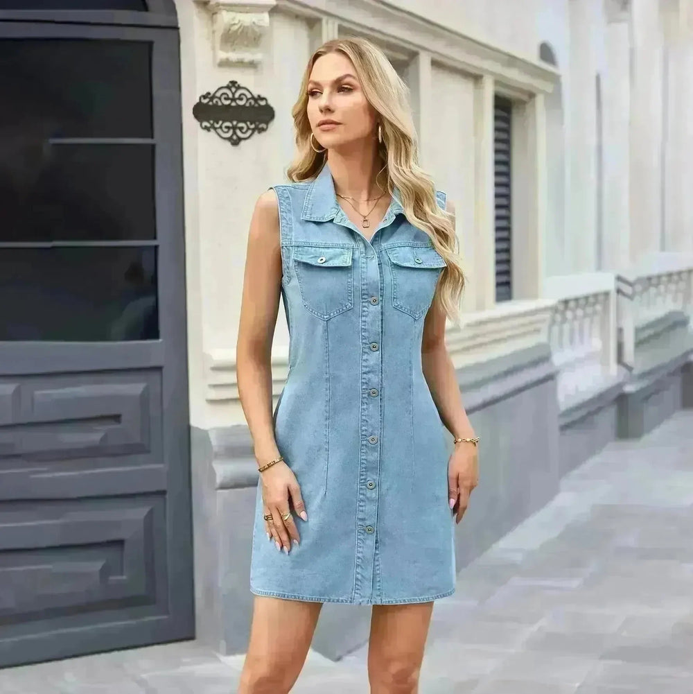 Fashion Sleeveless Denim Dress With Pockets Summer Casual Button Short Dresses Womens Clothing - EX-STOCK CANADA