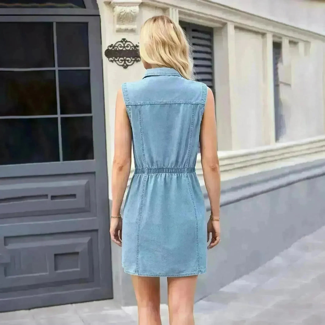 Fashion Sleeveless Denim Dress With Pockets Summer Casual Button Short Dresses Womens Clothing - EX-STOCK CANADA