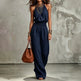 Women's Halter Neck Backless Wide-Leg Jumpsuit | Sleeveless Lace-Up Onesie blue