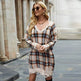 Off shoulder V-neck Pullover Knitted Mini Plaid Sweater Dress - EX-STOCK Canada