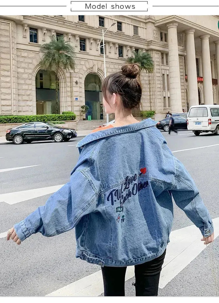 All-match Korean Style Loose Embroidered Denim Jacket Women - EX-STOCK CANADA
