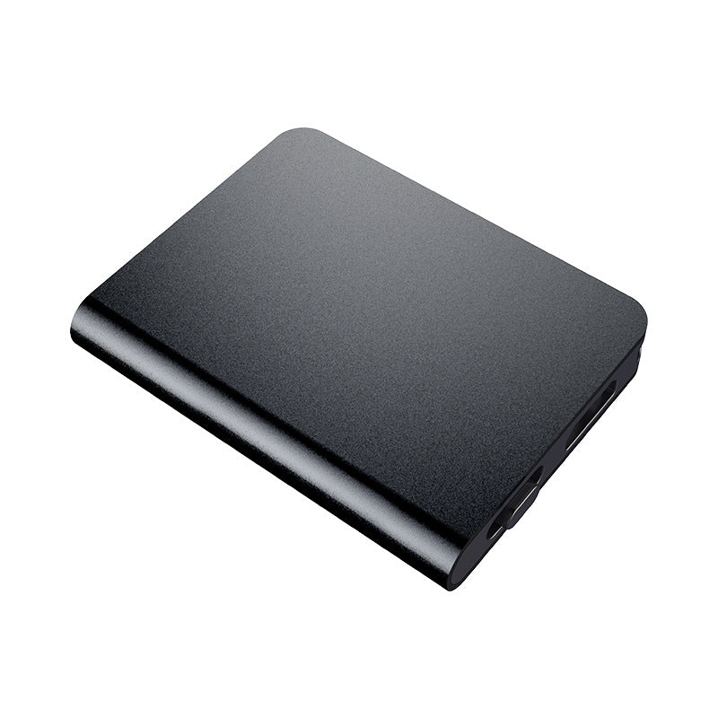Black external hard drive on a white background