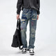 American Style Loose Broken Patch Straight Retro Denim Jeans pant Trousers Men - EX-STOCK CANADA