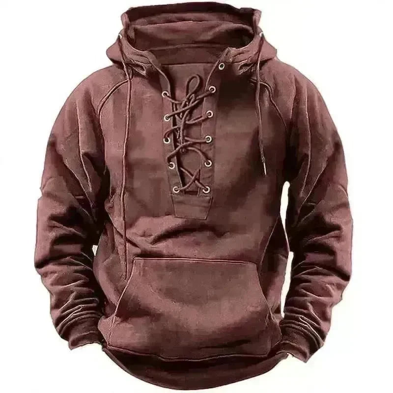 Men's Outdoor Retro Lace-up Hooded Long-sleeved T-shirt Casual Pullover top sweatshirt - EX-STOCK CANADA