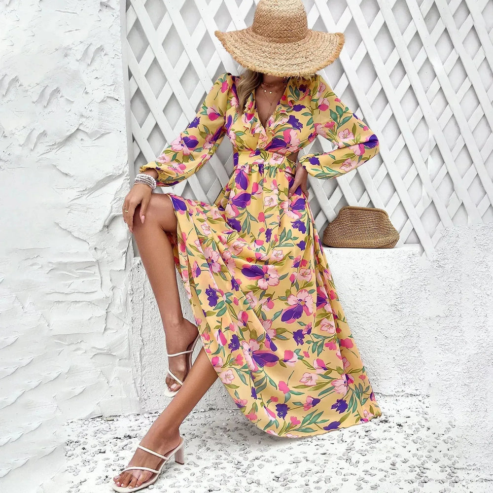 Fashion Florals Print Long Sleeve Dress Casual Holiday Tight-waisted V-neck Dresses Women Clothing - EX-STOCK CANADA