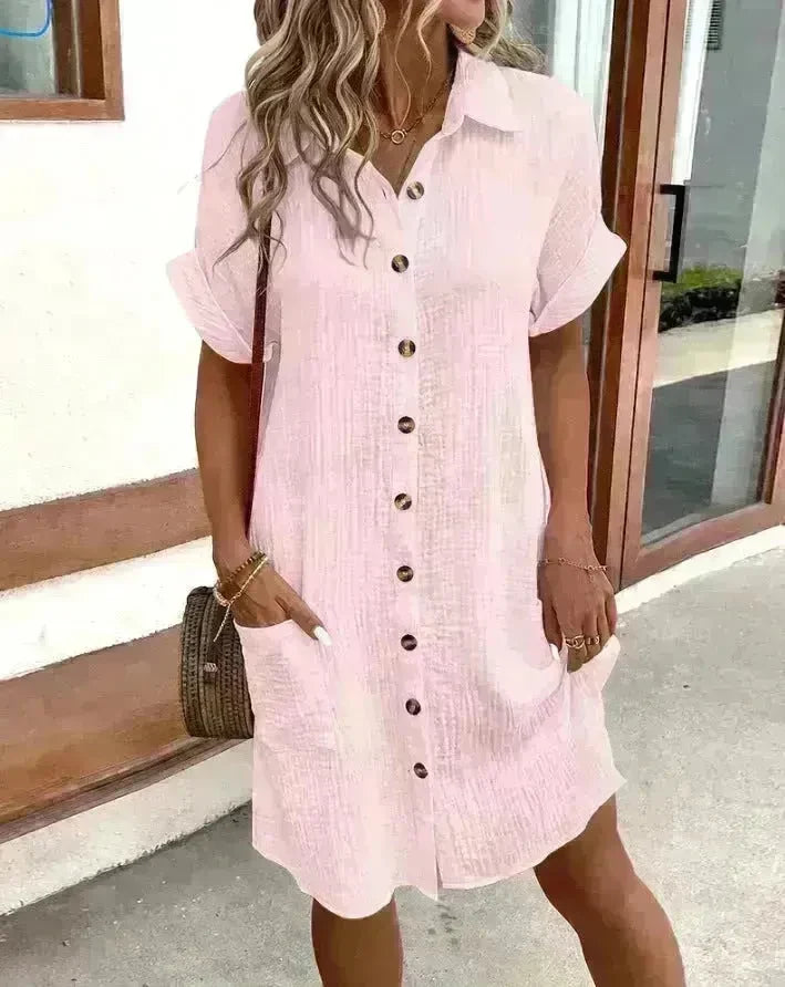 Womens Button Down Shirt Dress Summer Cotton Linen Dress V-Neck Mini Dress Casual Short Sleeve Loose Tunic Dresses - EX-STOCK CANADA