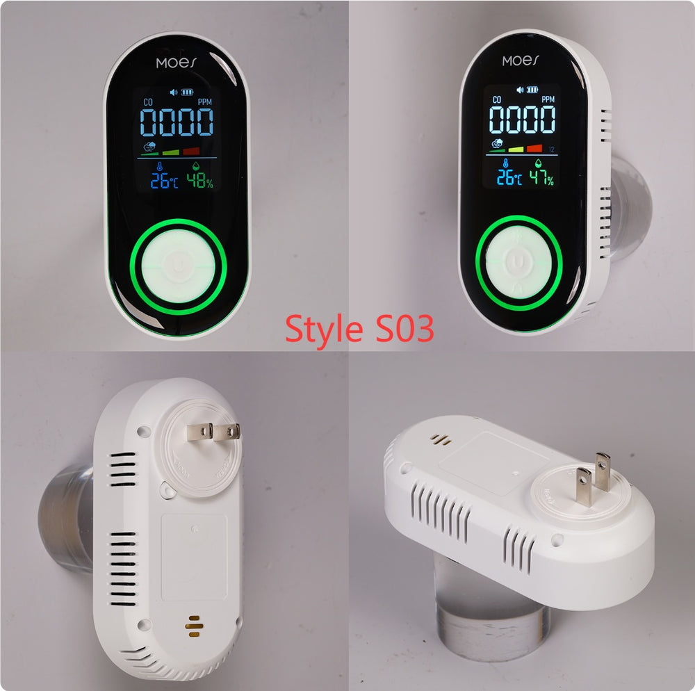 Digital air quality monitor with display and plug adapter on a gray background