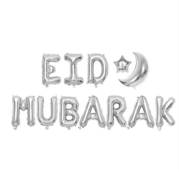 Silver foil balloon letters spelling 'EID MUBARAK' with a crescent moon and star balloon, shown on a plain white background.