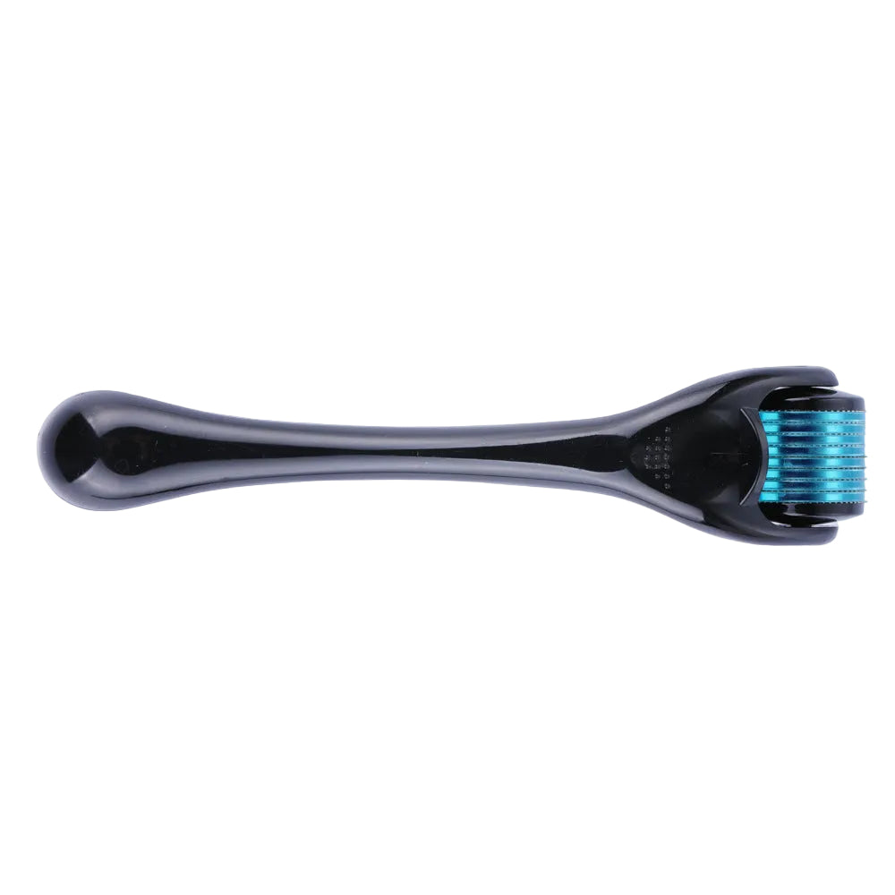 Black derma roller with blue needles on a white background