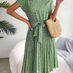Casual Spring Summer Tie belt Pleated Floral Midi Dress - EX-STOCK Canada