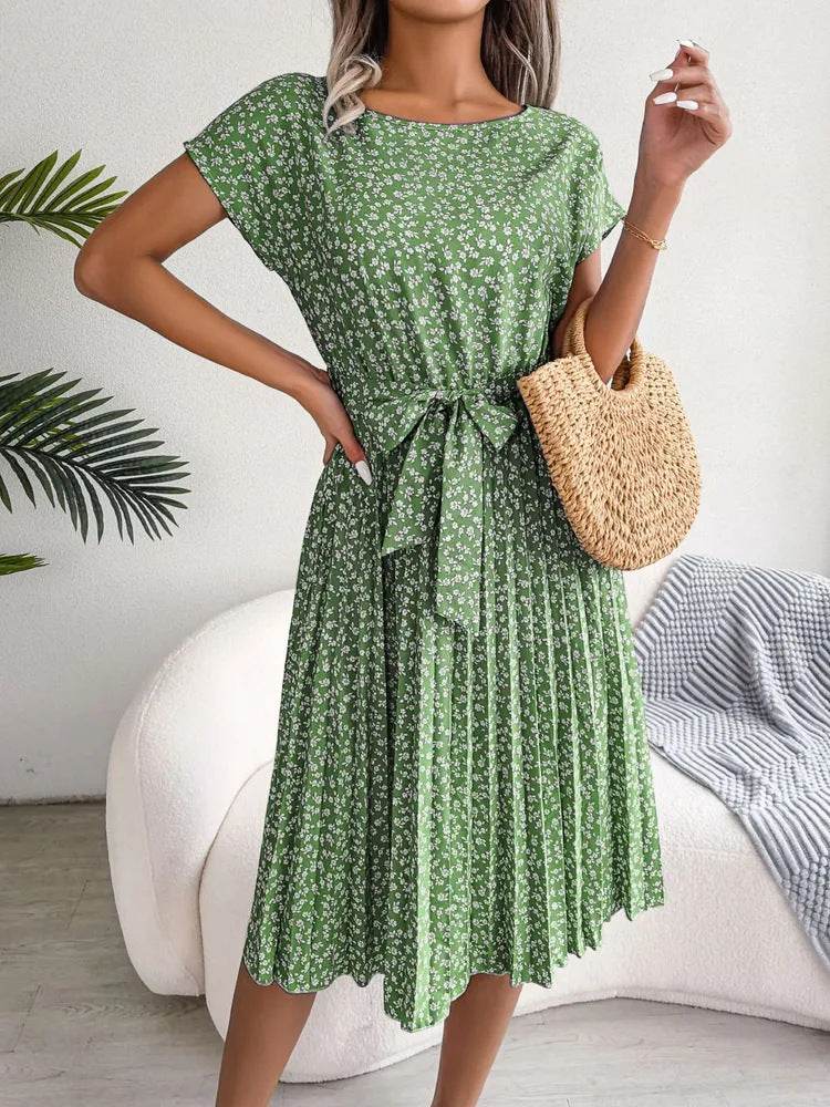 Casual Spring Summer Tie belt Pleated Floral Midi Dress - EX-STOCK Canada