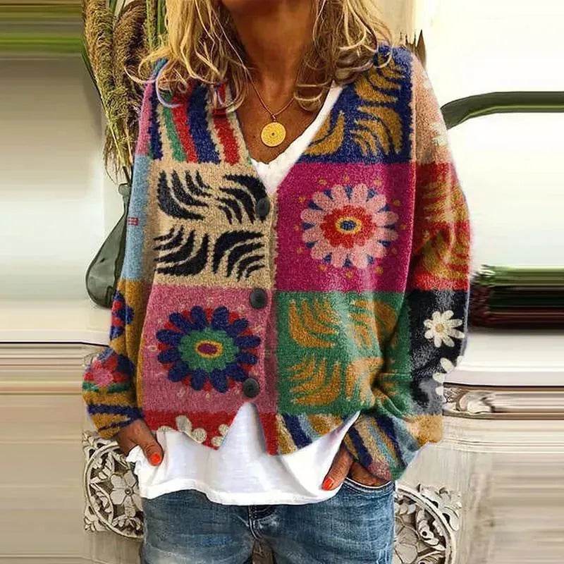 New Christmas Abstract Flowers Printing Sweater Fashion Casual Short Cardigan Coat Womens Clothing - EX-STOCK Canada