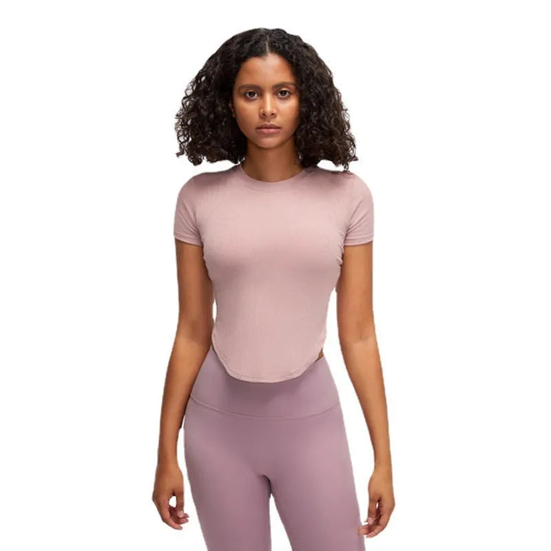 Rib Sports Short-sleeved Blouse With Chest Pad Workout Clothes Running T-shirt Beauty Back Tight - EX-STOCK CANADA