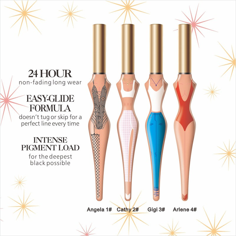 Four eyeliner pencils with gold caps on a white background, featuring product details.
