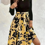 Floral Print Long Sleeve Skirt Dress Fashion Round Neck Flared Dress for Women - EX-STOCK CANADA