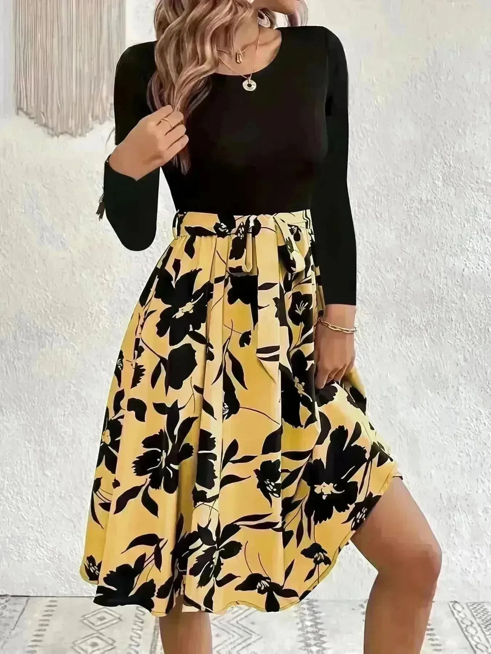 Floral Print Long Sleeve Skirt Dress Fashion Round Neck Flared Dress for Women - EX-STOCK CANADA