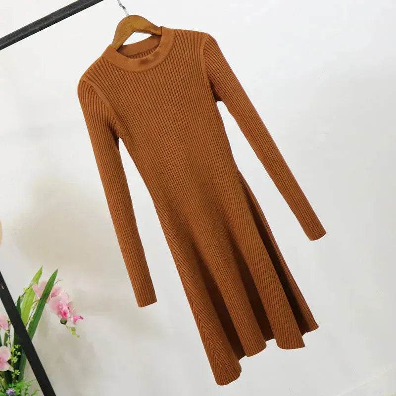 Autumn Winter Round neck Slim fit Mini Flared Sweater Dress - EX-STOCK Canada