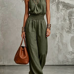 Women's Halter Neck Backless Wide-Leg Jumpsuit | Sleeveless Lace-Up Onesie