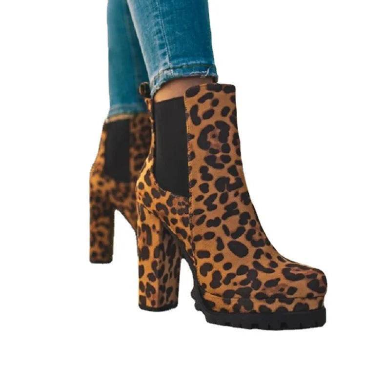 Round-toe Ankle Boots Solid Leopard Print Thick Square High Heel Shoes Ladies Casual Fashion Autumn Winter Suede Dress Party Boots - EX-STOCK Canada