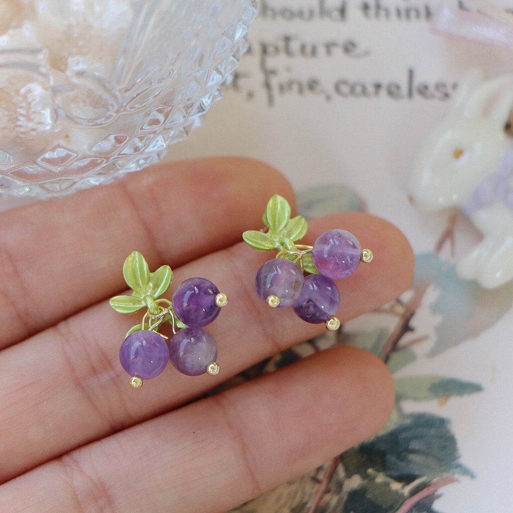 Female Purple Blueberry Fruit Beaded Earrings - EX-STOCK Canada