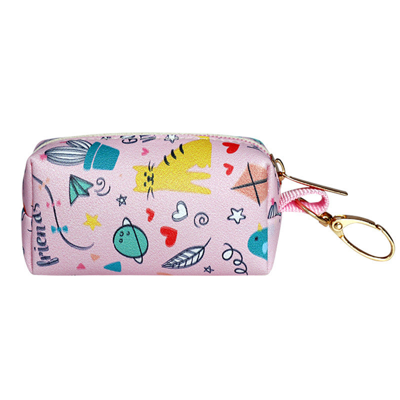 Pink pouch with colorful designs on a white background