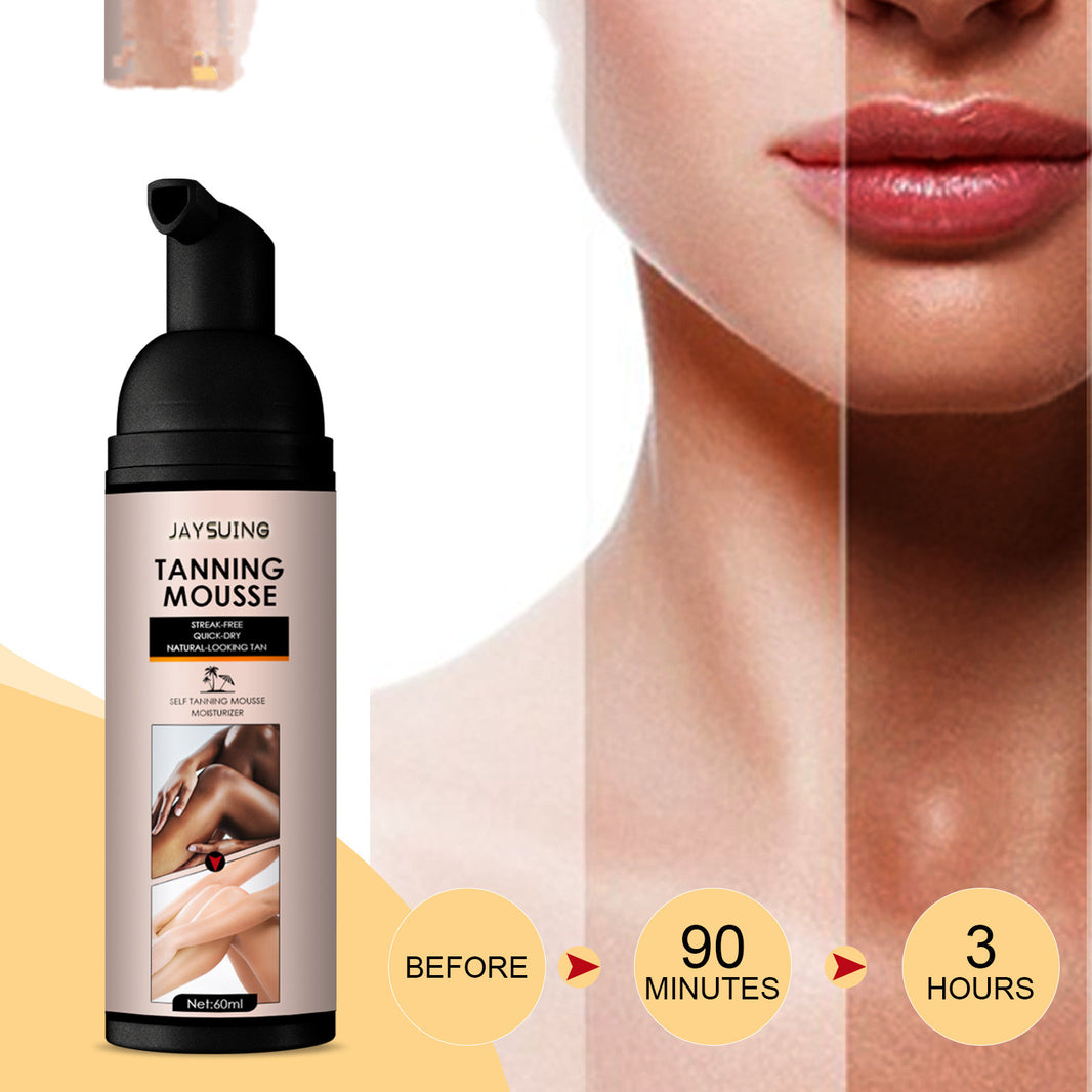 Jaysuing tanning mousse bottle with a before and after effect on skin.
