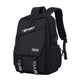 Black backpack with visible branding on a white background