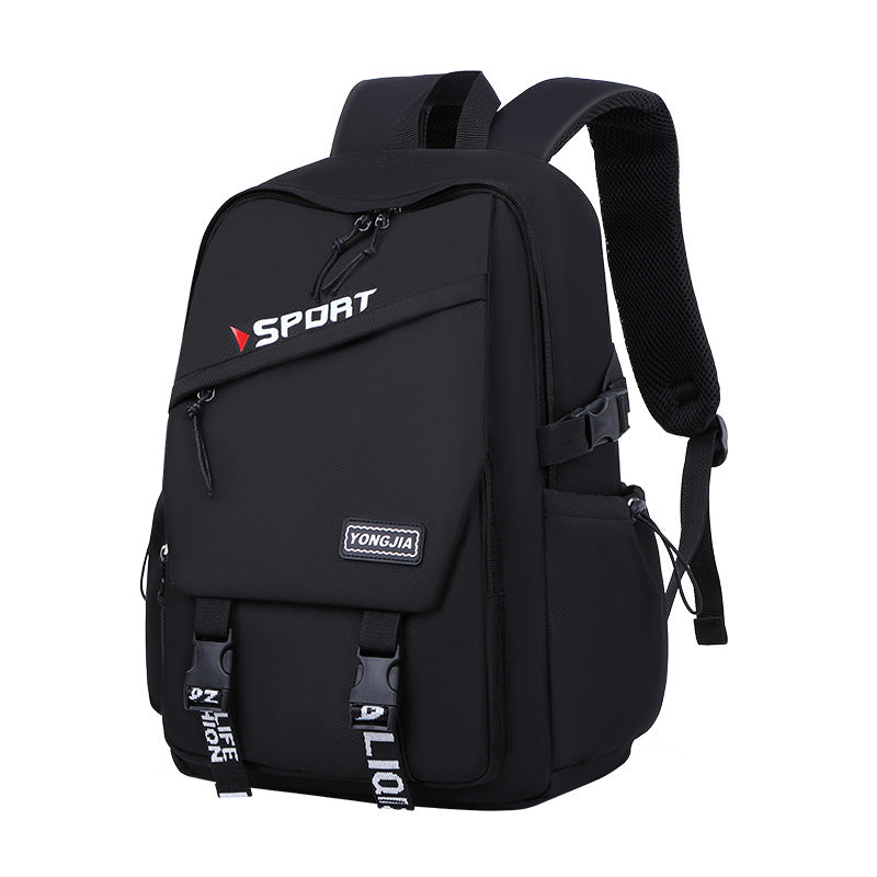 Black backpack with visible branding on a white background