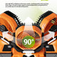 An orange and black electric lawn mower deck cover or blade guard shown in a promotional graphic with text about left-right oscillation and manual pitch adjustment, plus a green 'Wide-Area Airflow' banner.