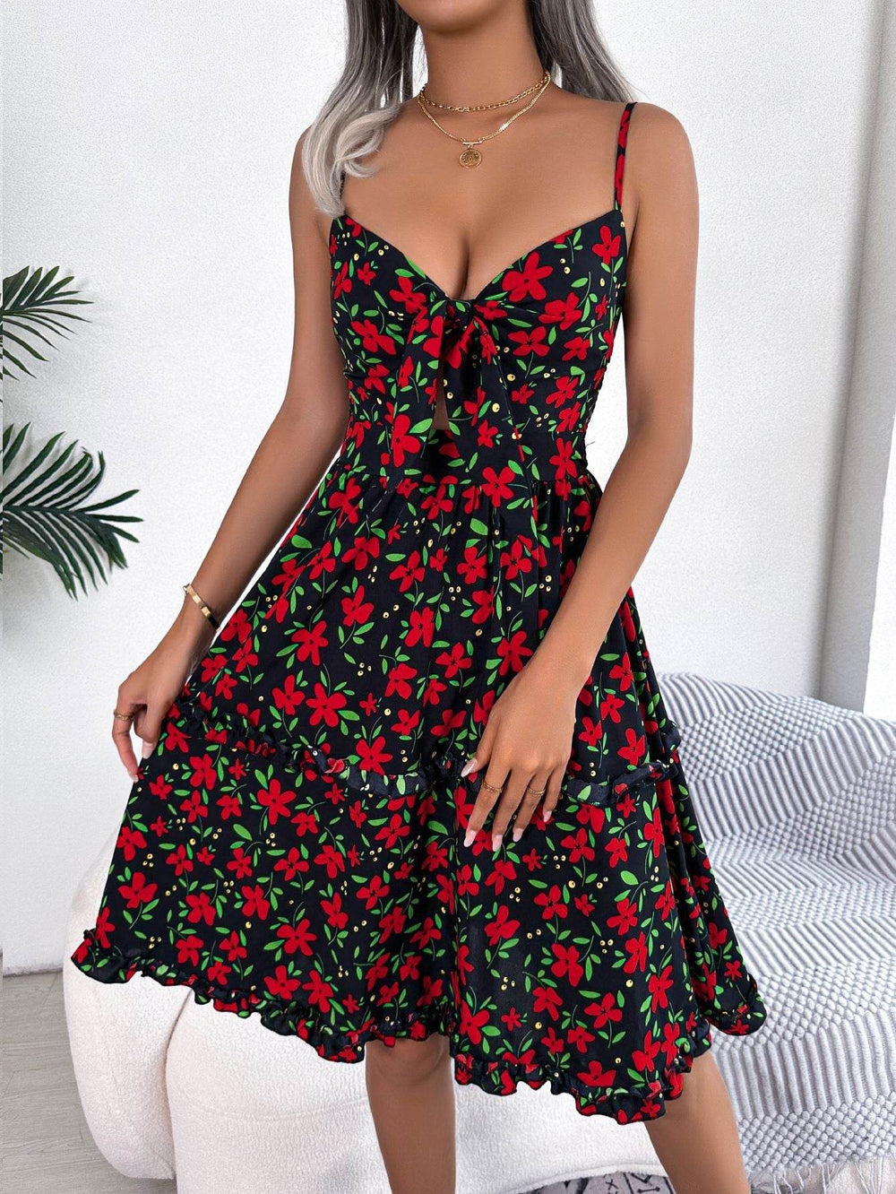 Spring And Summer Leisure Floral Spaghetti floral Midi Dress - EX-STOCK Canada