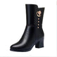 Black leather boot with decorative buttons on a white background