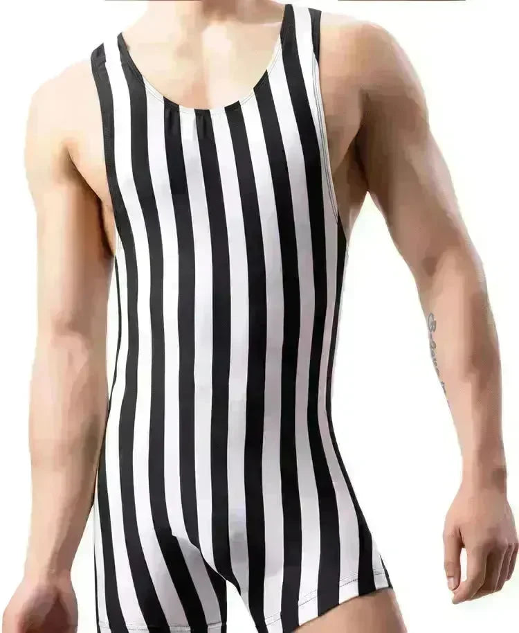 New Vertical Striped Pajamas Sports Swimming Brief Bodysuit for men - EX-STOCK CANADA