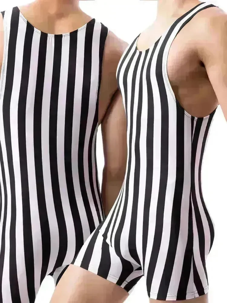 New Vertical Striped Pajamas Sports Swimming Brief Bodysuit for men - EX-STOCK CANADA