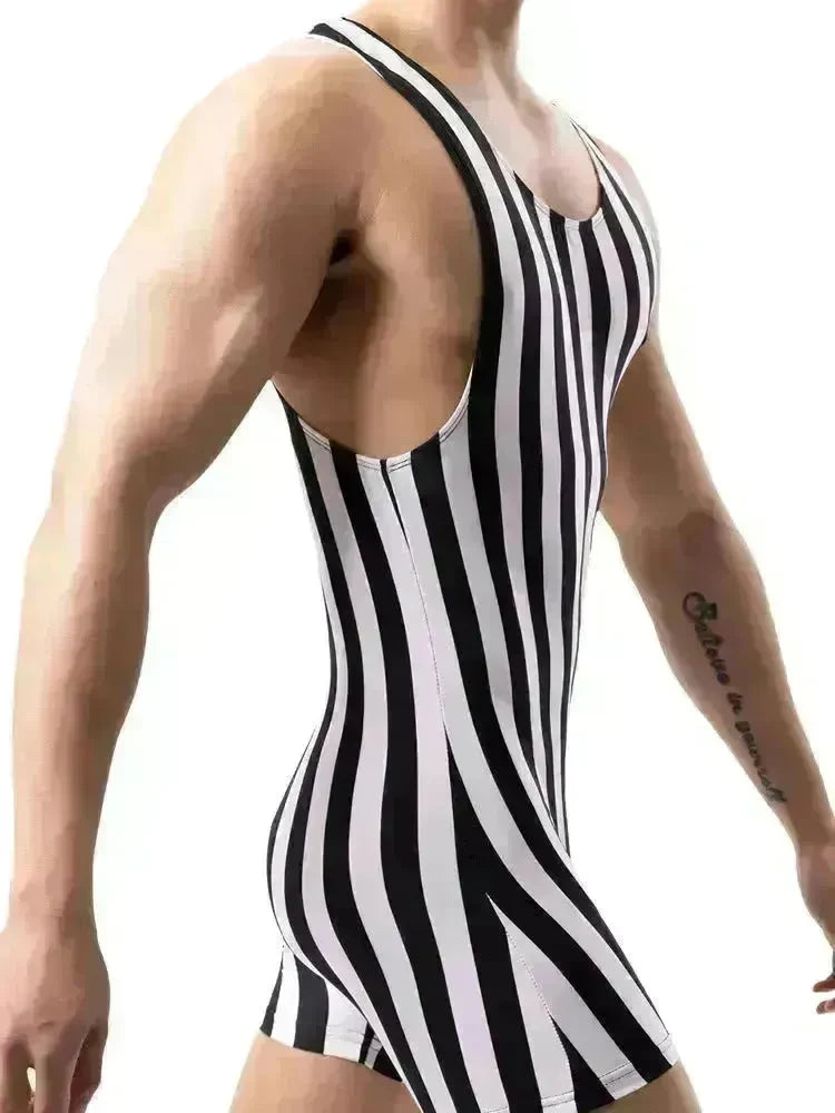 New Vertical Striped Pajamas Sports Swimming Brief Bodysuit for men - EX-STOCK CANADA