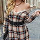 Off shoulder V-neck Pullover Knitted Mini Plaid Sweater Dress - EX-STOCK Canada