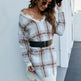 Off shoulder V-neck Pullover Knitted Mini Plaid Sweater Dress - EX-STOCK Canada
