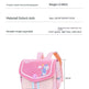 Product details of a pink horizontal backpack with dimensions and color options on a white background.