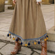 Corduroy Ethnic Style Fur Ball Stitching Brown High Waist Tassel Versatile Maxi Skirt - EX-STOCK Canada