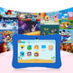 Blue children's tablet with cartoon-themed app icons on a colorful background of animated characters and scenes.