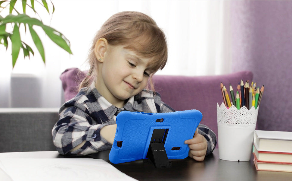 Child using a blue tablet stand with colorful pencils and books in the background