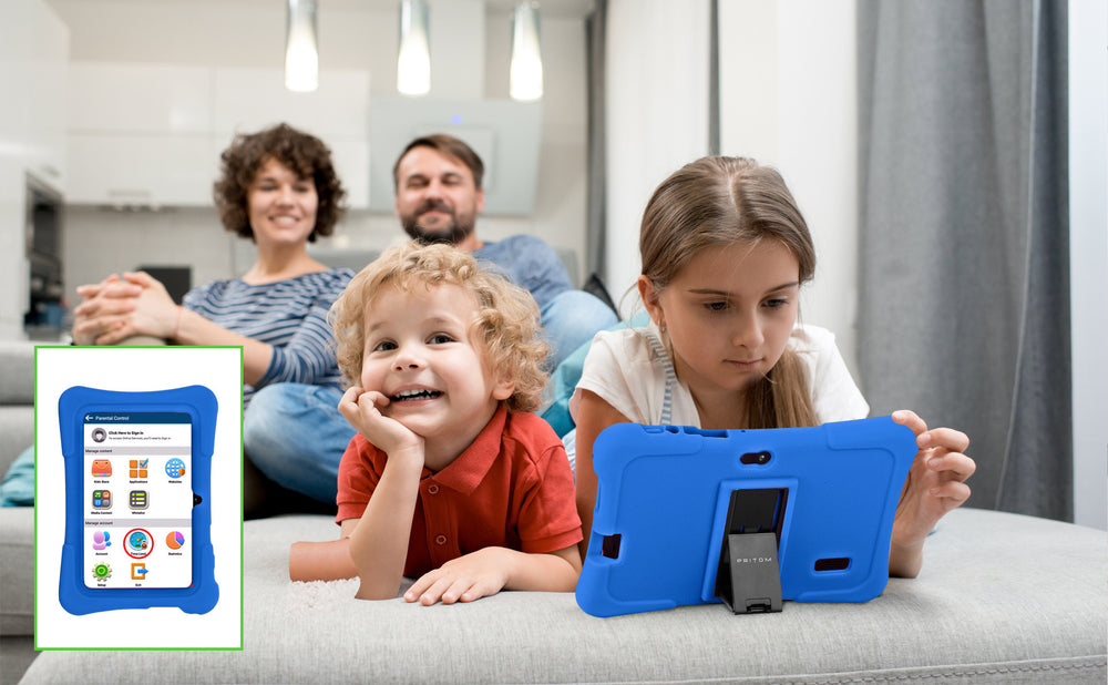 Family of four with two children using a blue tablet in a living room.